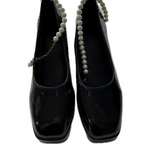 Elegant Black Patent Leather Women's Shoes with Pearl Ankle Strap